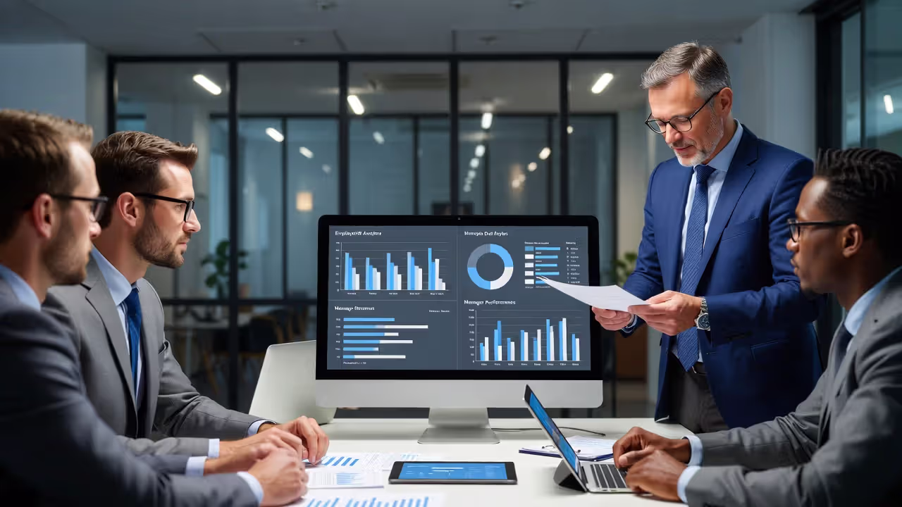 HR team analyzing people analytics and leadership performance data