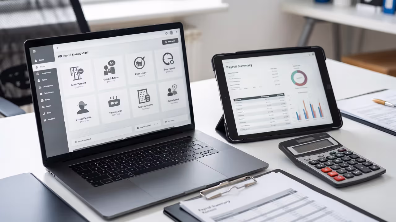 Integrated HR and payroll system displayed on office devices with employee records