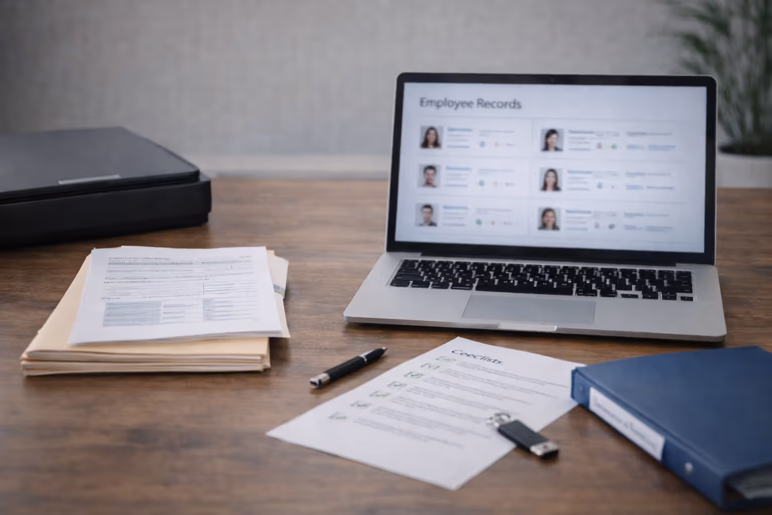 Digital HR document management system next to paper employee files