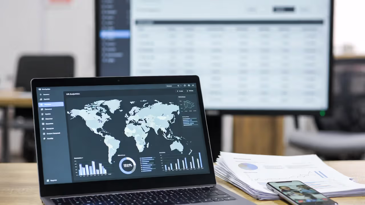 Global HR system dashboard with international workforce data and regional coordination