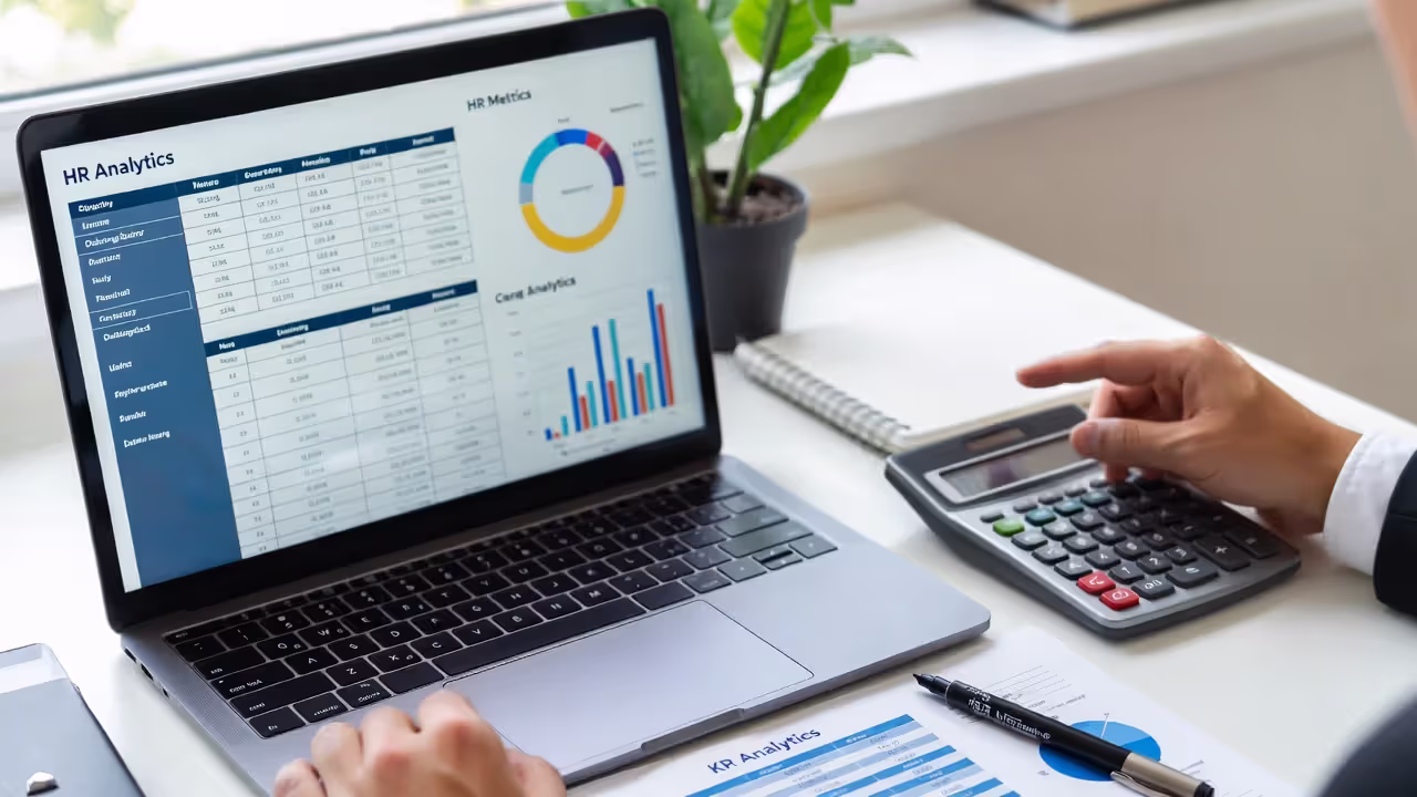 HR analyst reviewing key workforce metrics and KPI reports on a desk