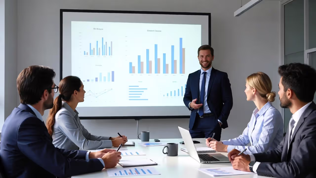 Manager presenting HR reporting metrics and hiring trends to leadership team