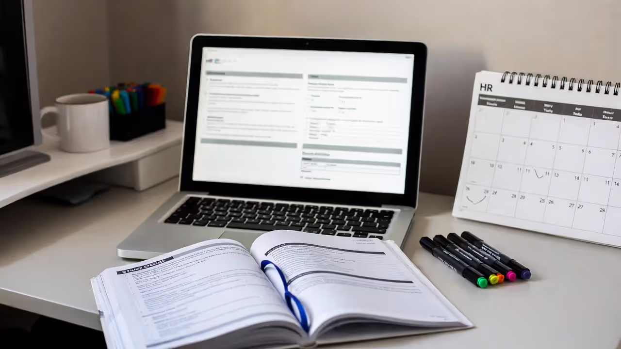 HR professional studying for certification with practice materials and laptop