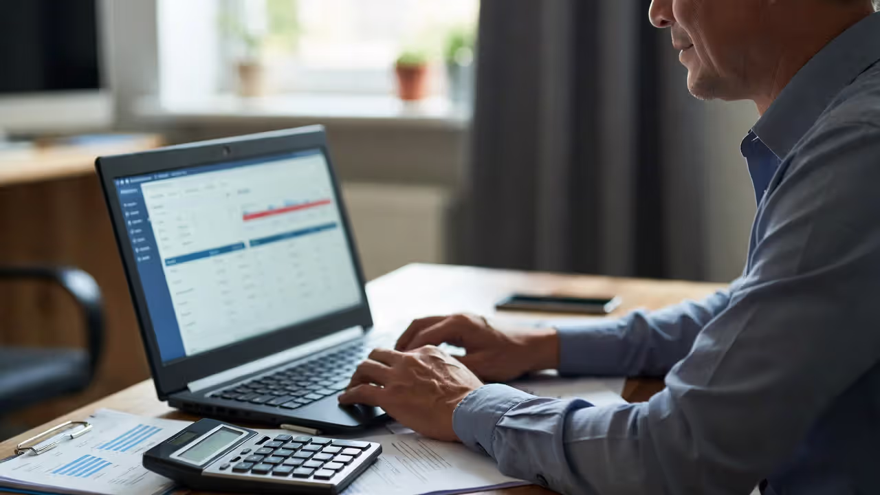 Small business owner using HR and payroll software to manage employee processes