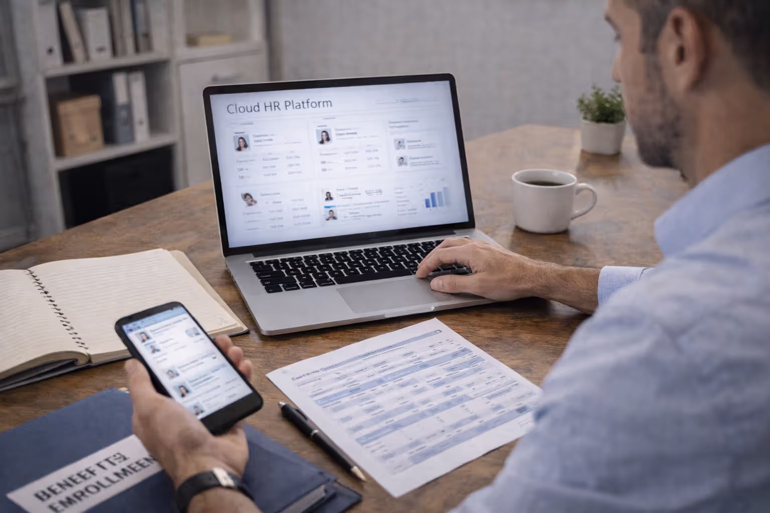 Small business manager using cloud HR software on laptop and mobile phone