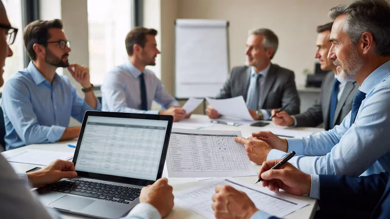 Business team comparing HCM software options during a selection meeting