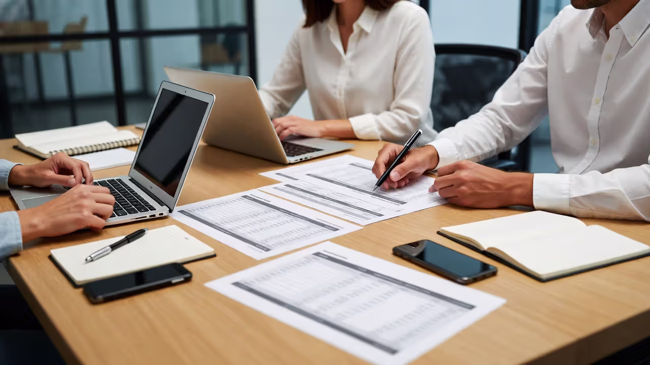 Small business team comparing HRIS software options in a meeting