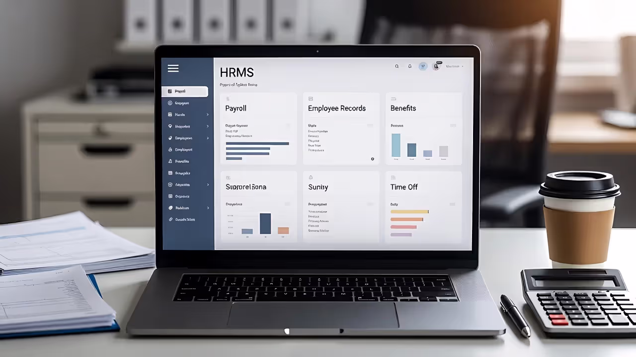 HRMS dashboard showing payroll, employee records, benefits, and time-off tools