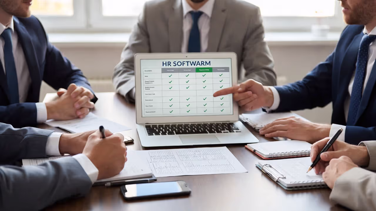 Business team comparing HRMS platforms and software features in a meeting