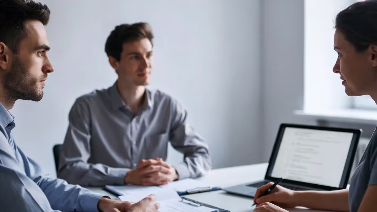 Employee speaking with an HR representative during a confidential workplace discussion