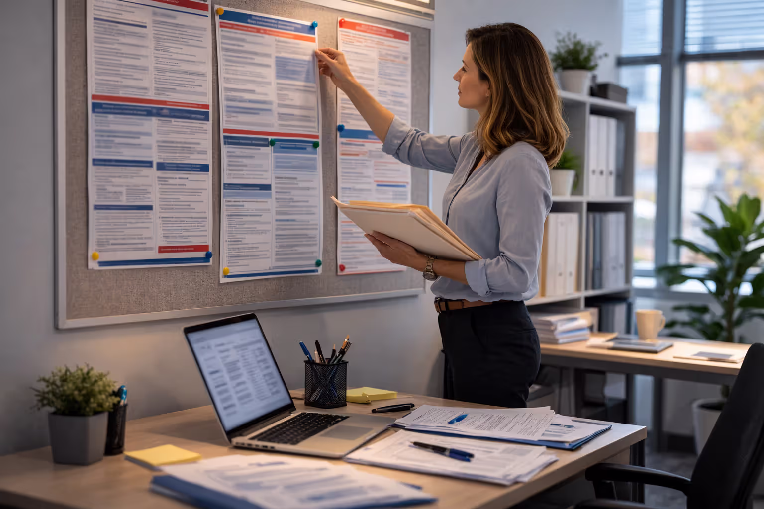 HR professional posting workplace compliance notices in an office