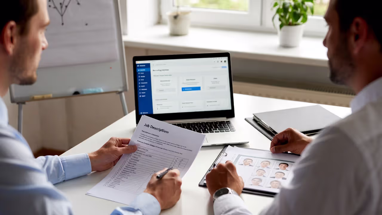 HR and hiring manager reviewing recruitment documents for compliance