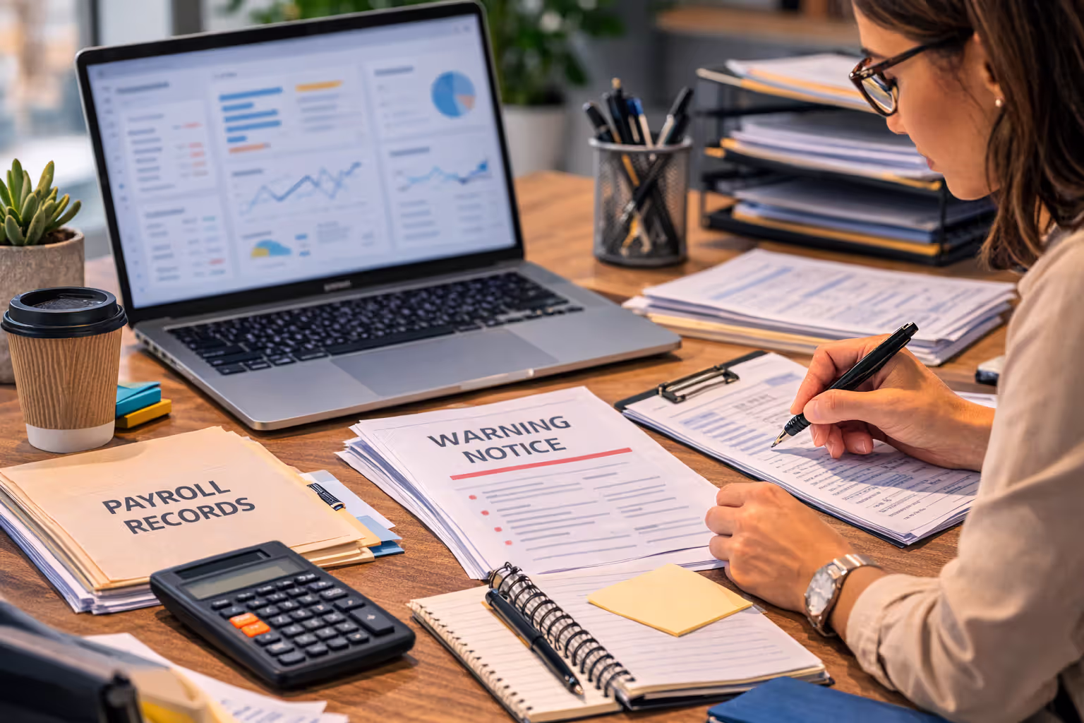 HR manager reviewing payroll records and compliance risk documents at a desk