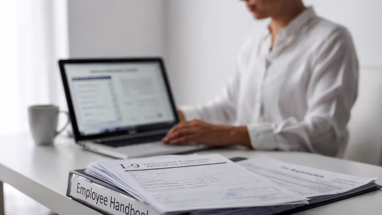 Small business owner preparing employee onboarding and HR compliance paperwork