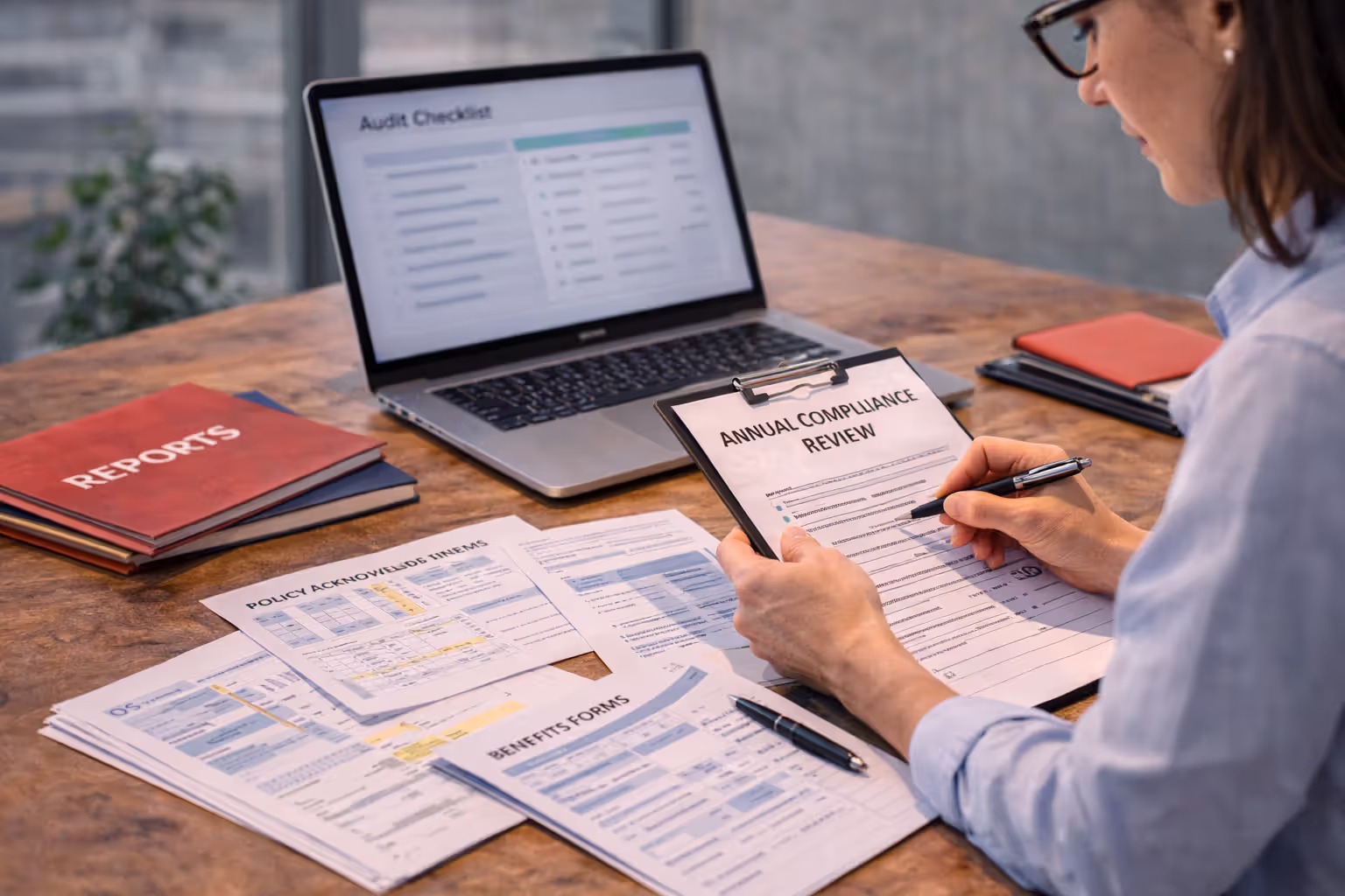 HR professional reviewing annual compliance files and audit checklist