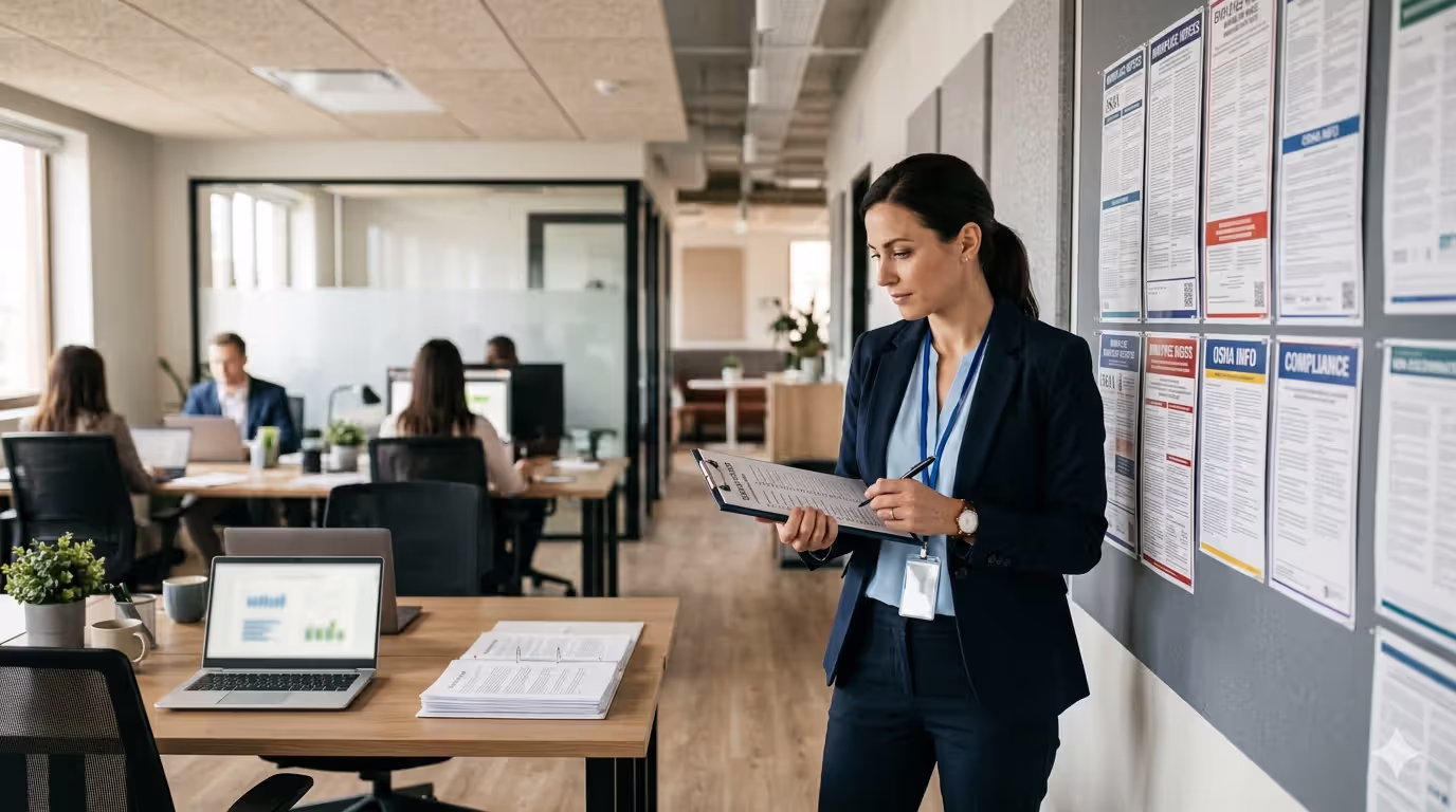 HR employee checking required workplace posters and compliance documents in an office