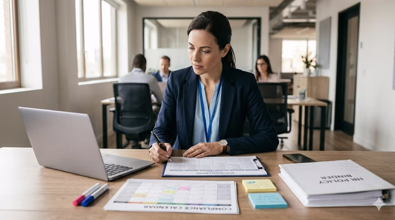 HR compliance specialist creating a responsibility matrix and compliance calendar