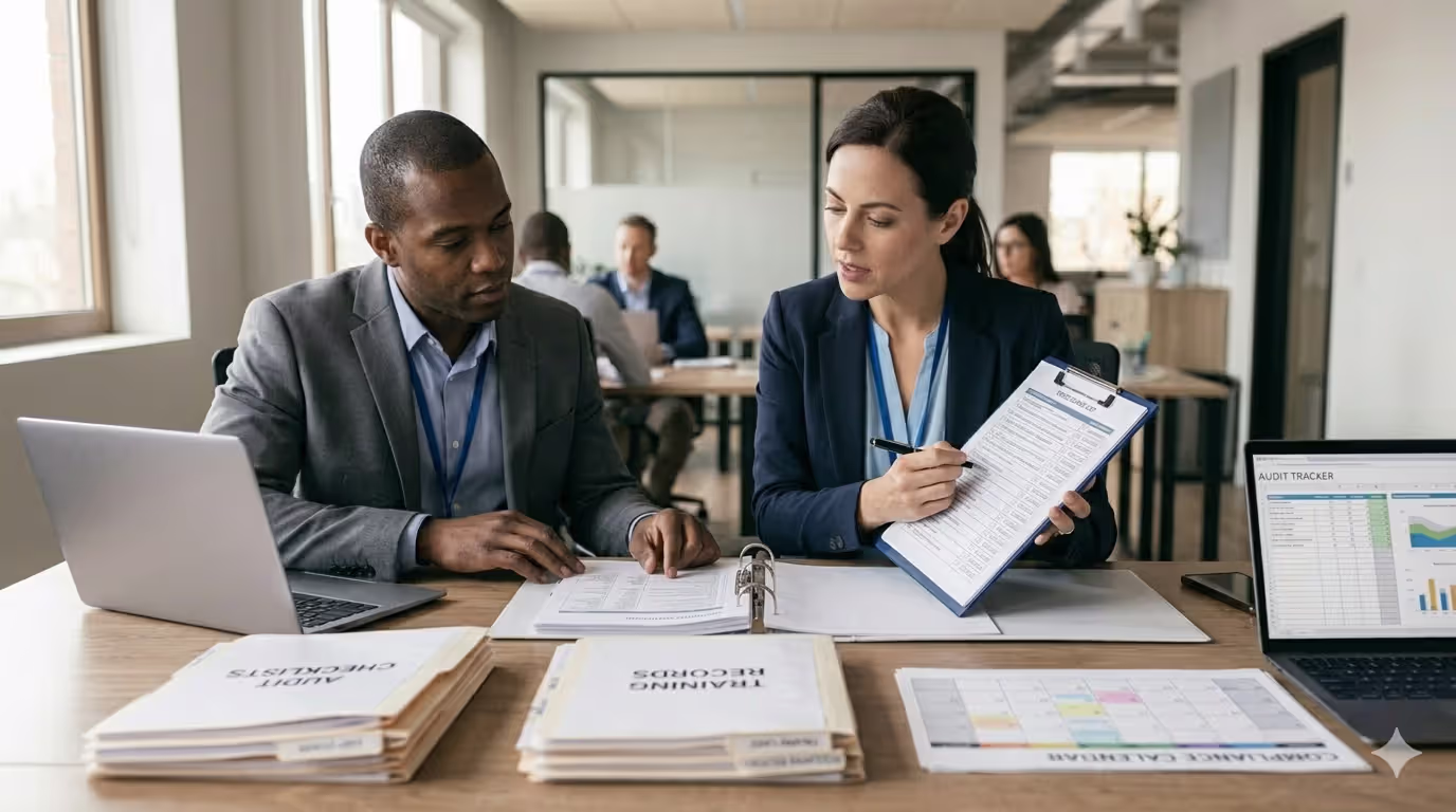 HR compliance review meeting with audit checklist, filing records, and policy documents