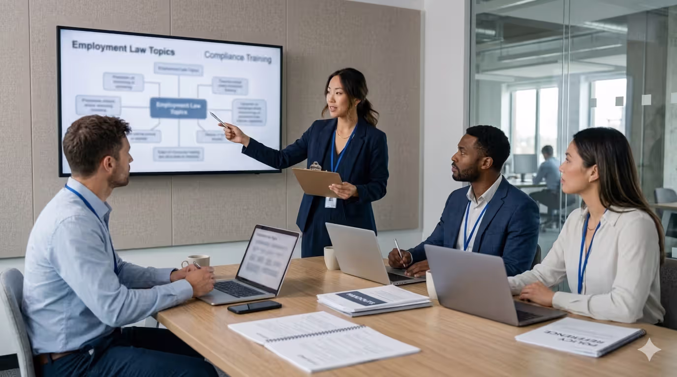 HR manager leading a compliance training session for colleagues in a meeting room