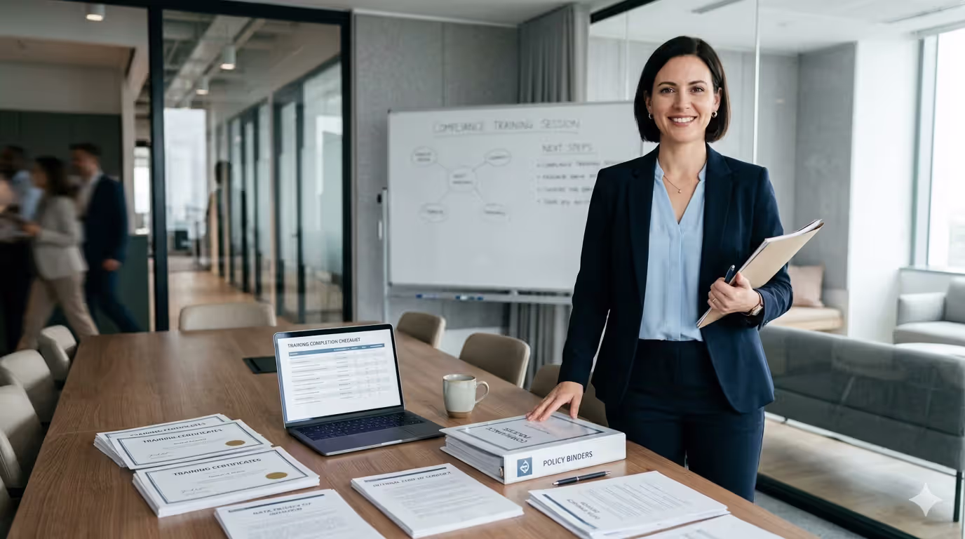 HR compliance specialist standing by training materials and policy documents after a session