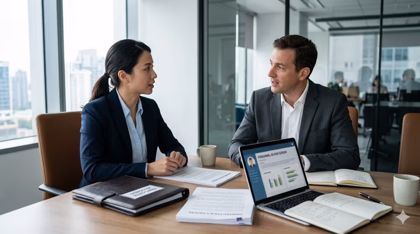 HR professional and manager reviewing employee compliance documents in a meeting