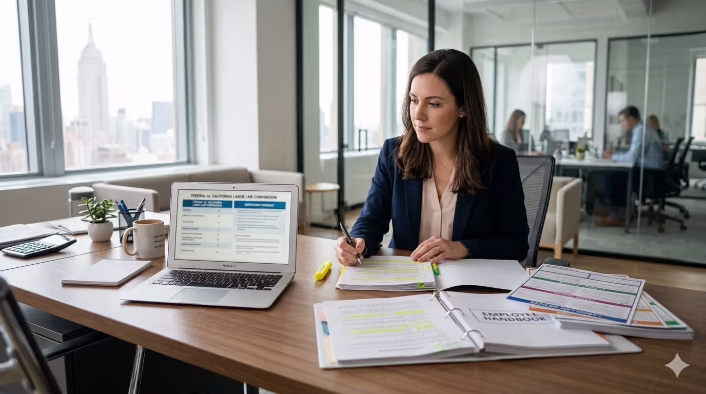 HR specialist comparing California and federal labor law documents