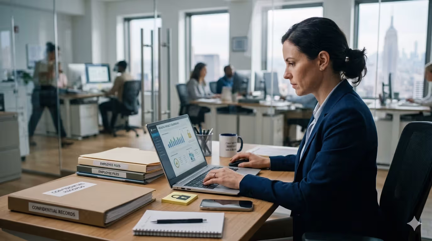 HR professional managing employee data privacy and compliance records