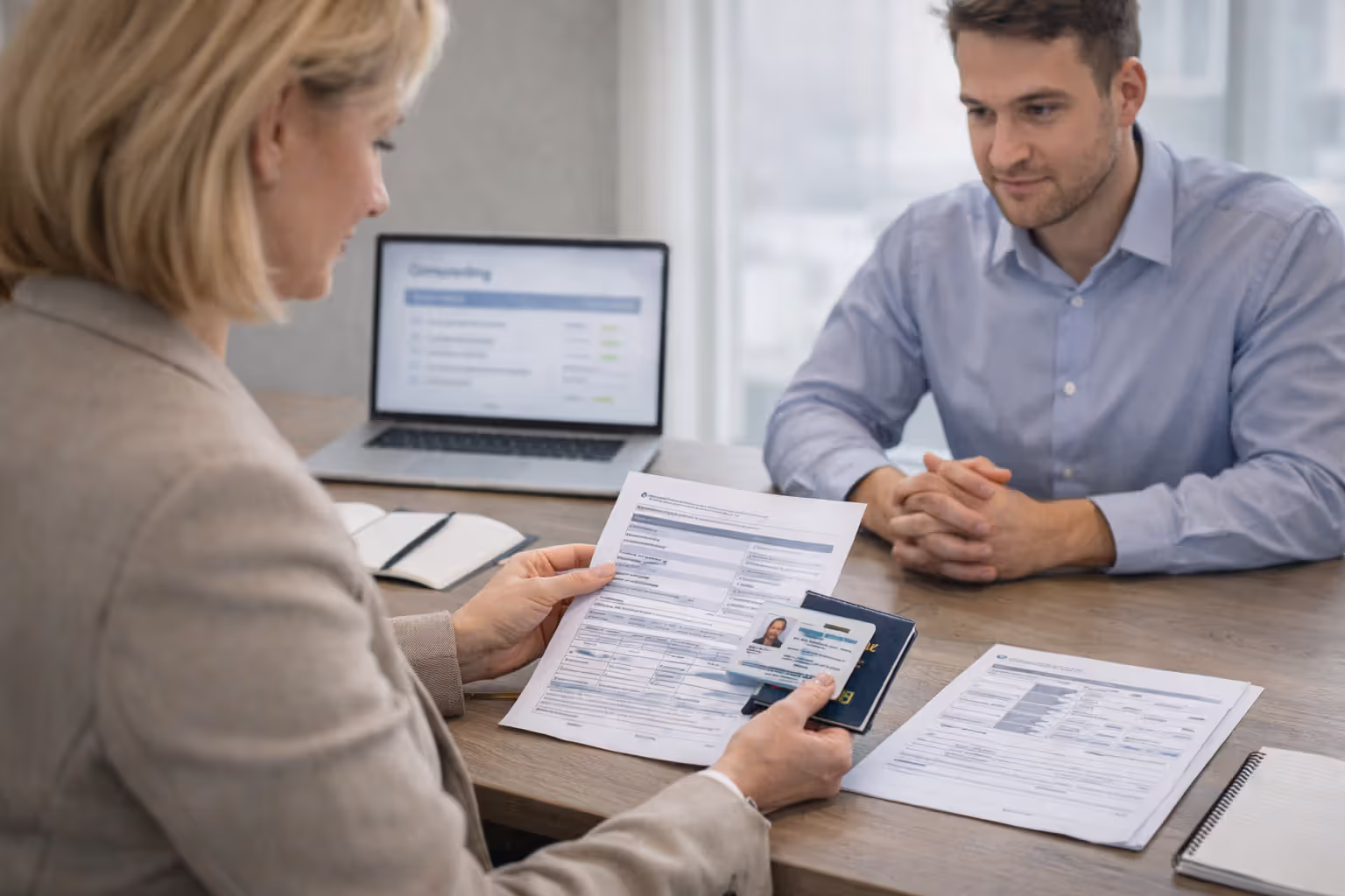 HR representative examining original identity and work authorization documents with a new hire