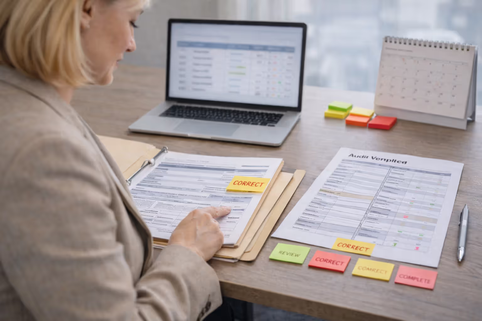 HR compliance specialist auditing I-9 forms and tracking corrections