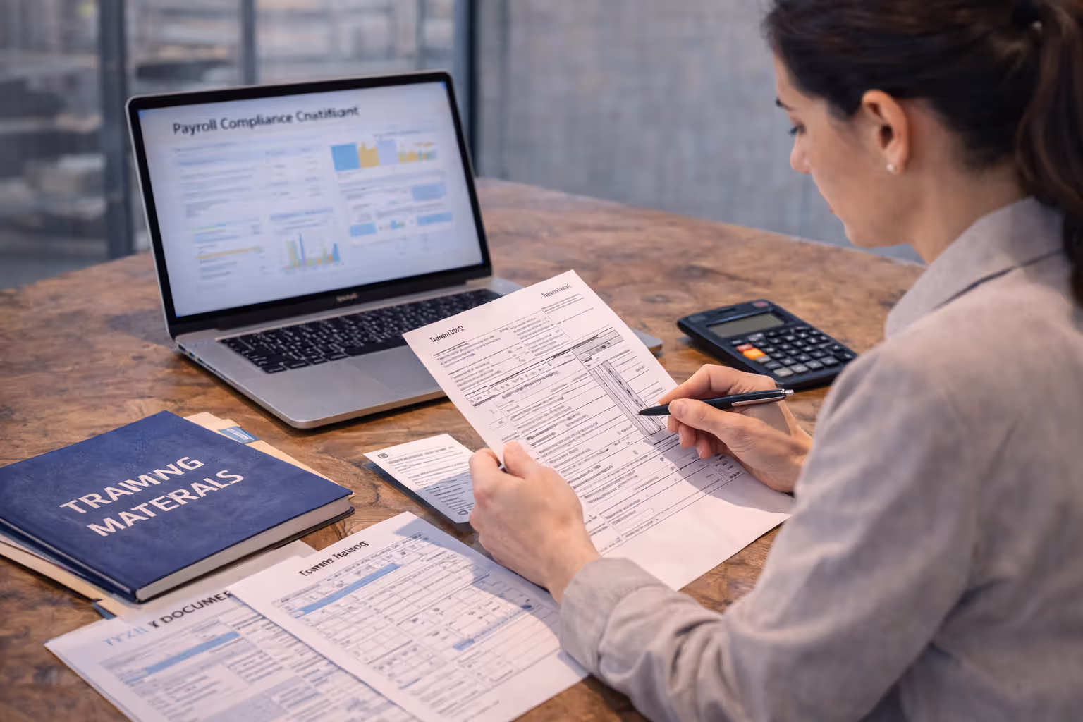 HR payroll specialist checking wage and tax compliance documents