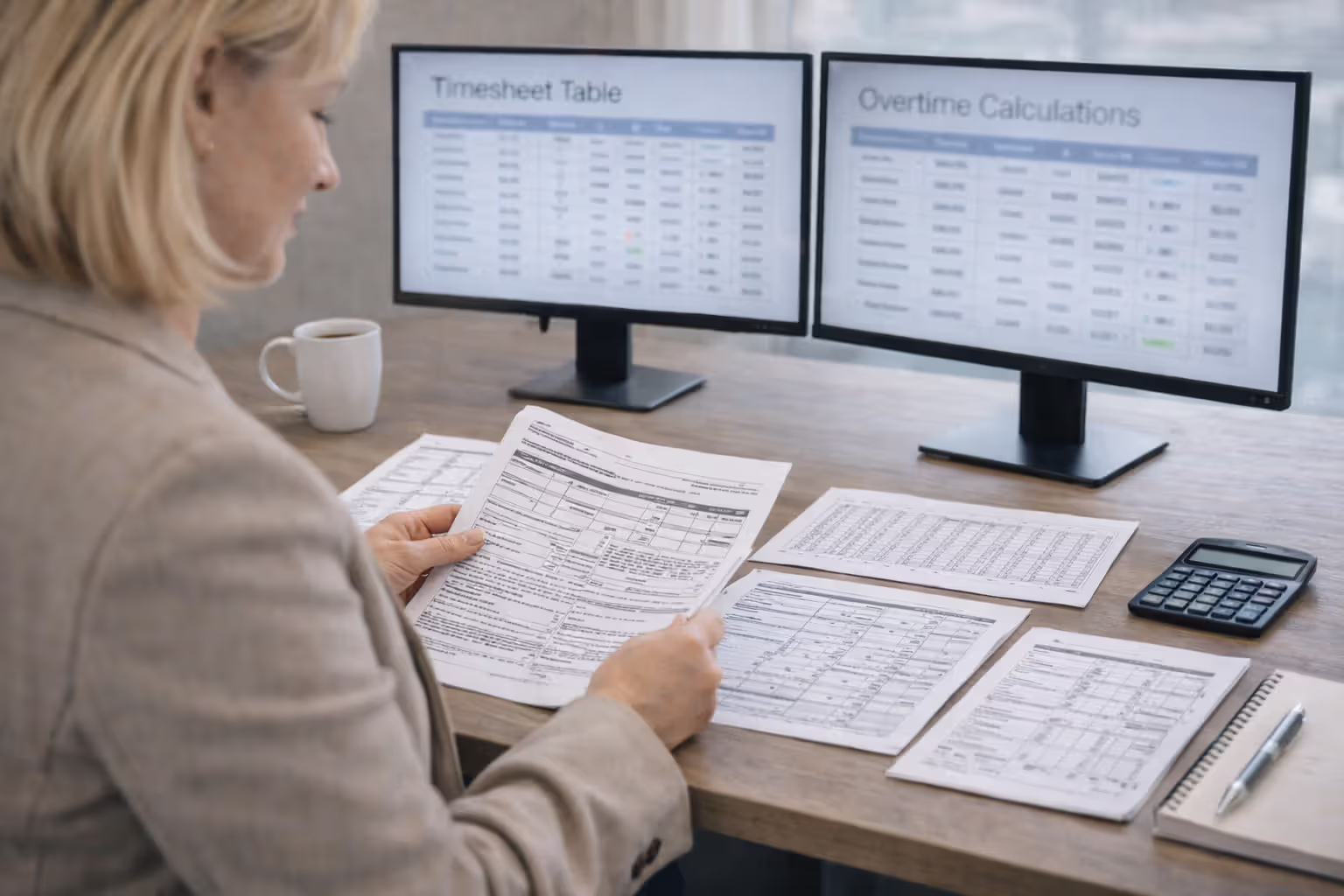 Payroll manager reviewing timesheets and overtime calculations on dual monitors