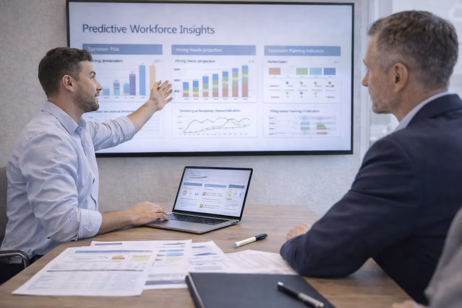 HR analytics presentation showing predictive workforce trends and turnover forecasts