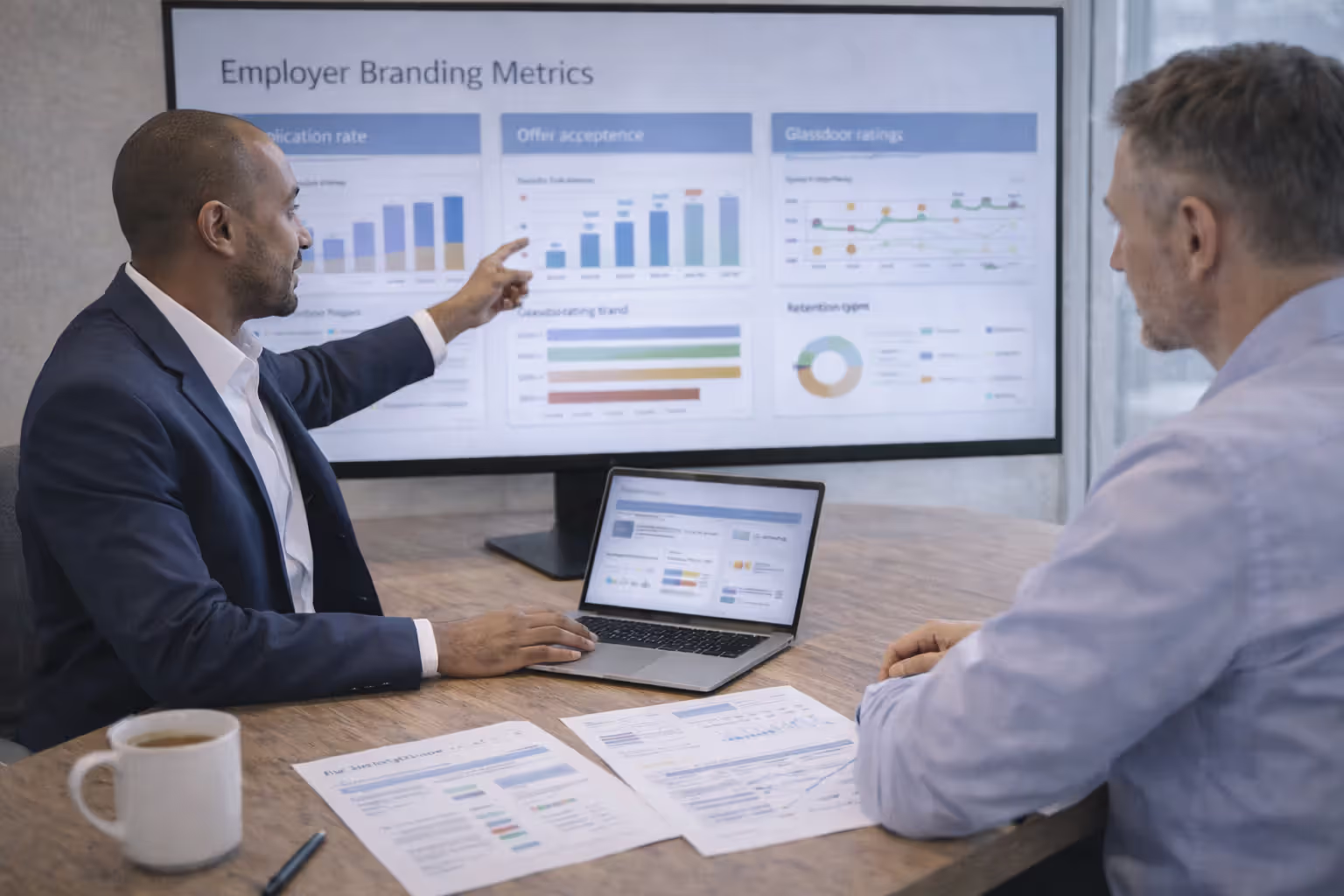HR analyst presenting employer branding performance metrics to leadership