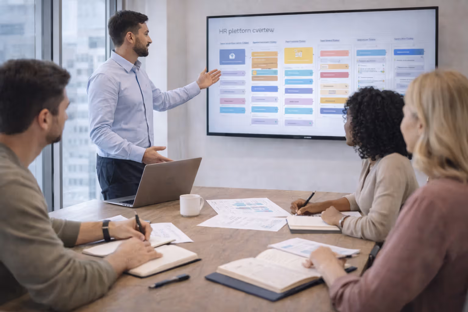 HR team learning to use a new HR technology system during a transition