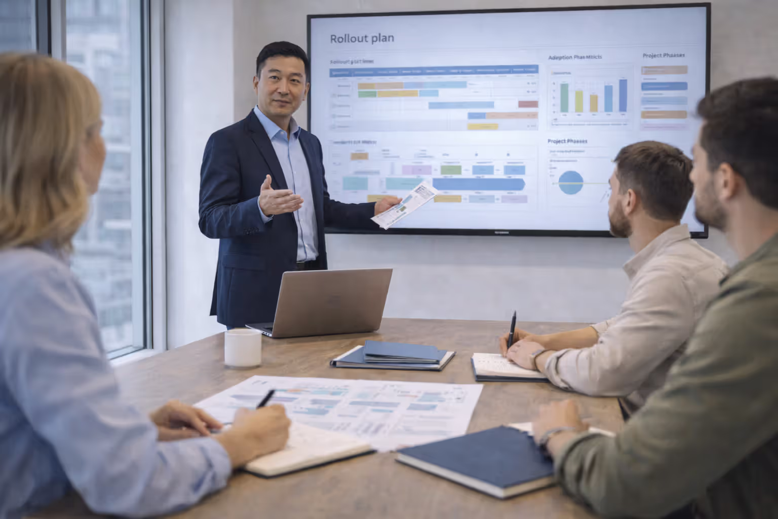 HR leader presenting change management rollout plan to managers