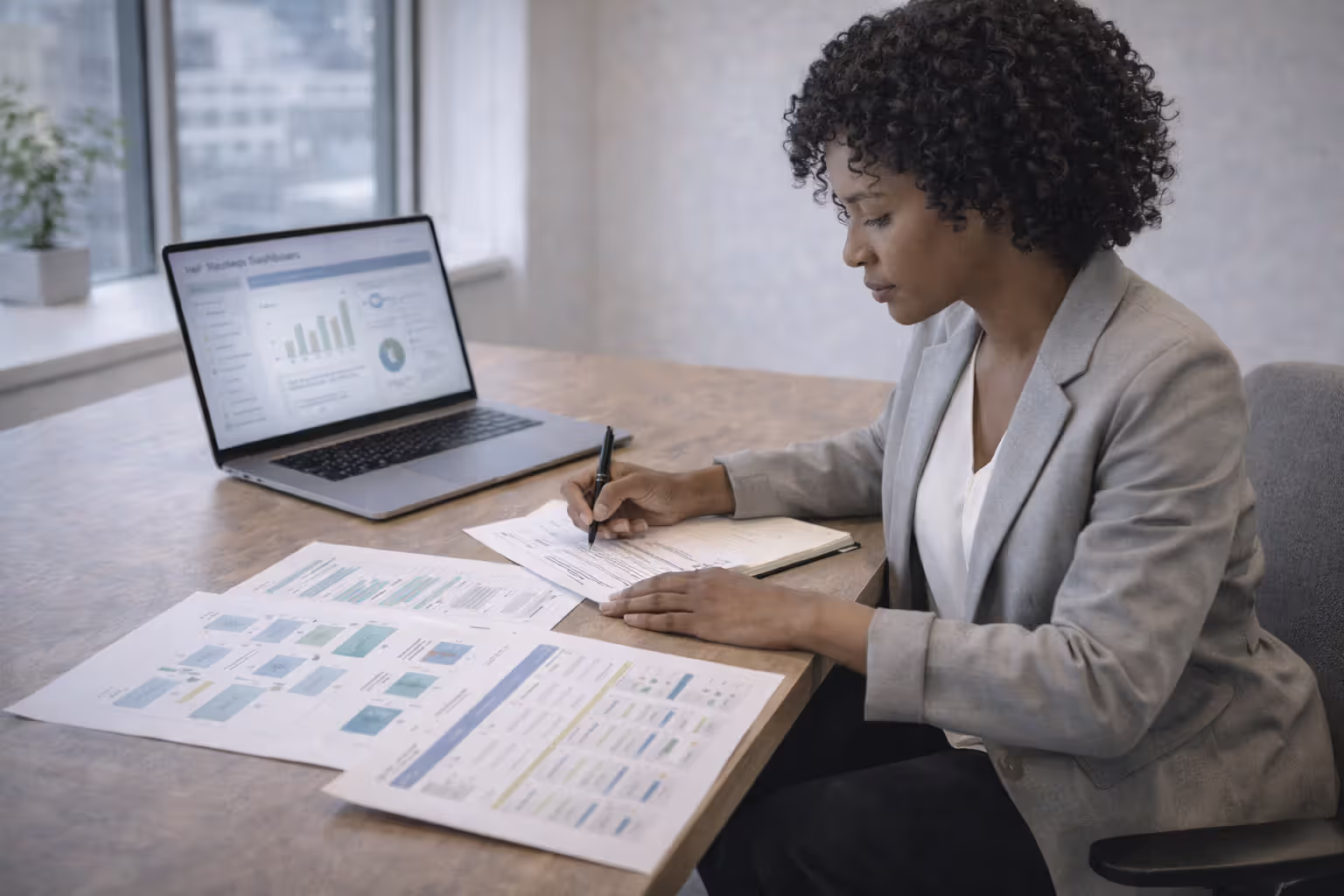 HR consultant reviewing company growth, compliance, and budget documents