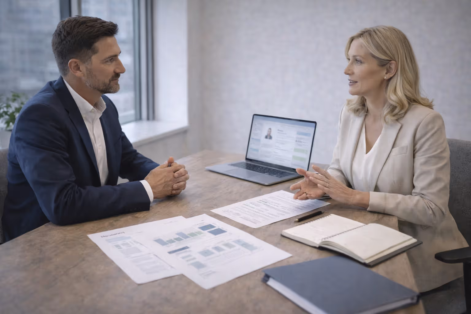 Business leader interviewing a fractional HR leader candidate in an office