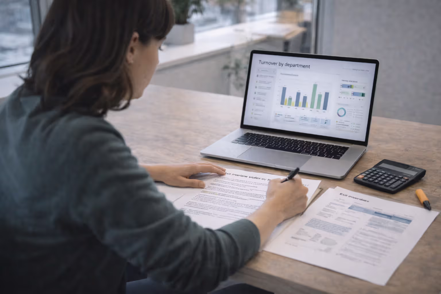 HR specialist analyzing employee turnover reports and exit interview data