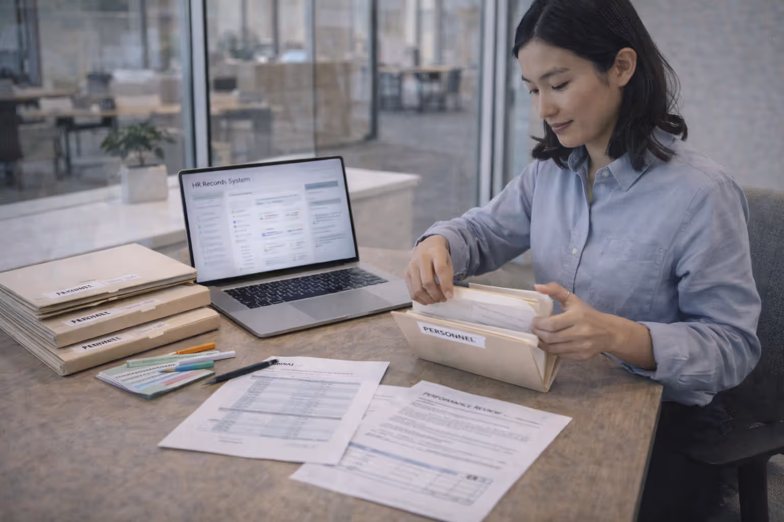 HR professional organizing employee records and retention documentation