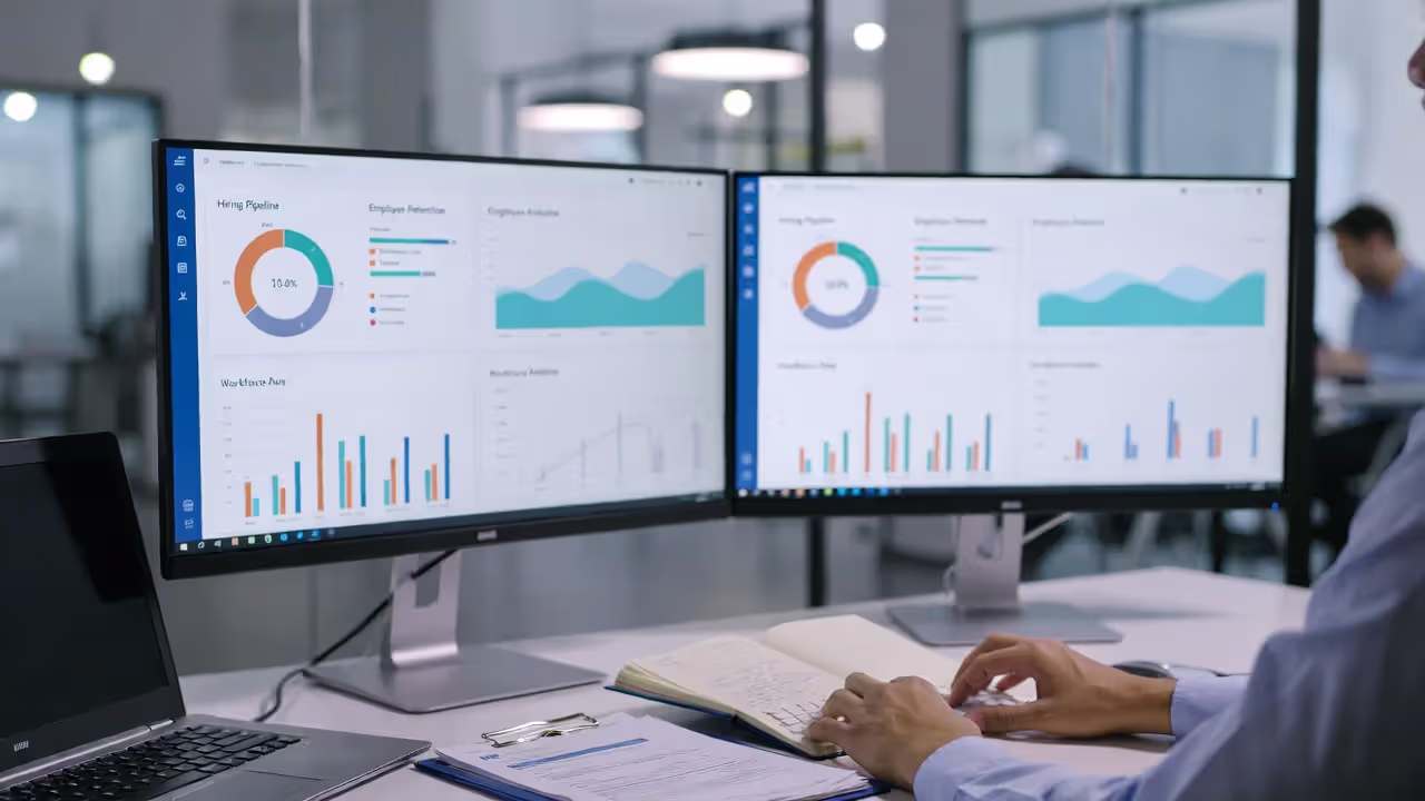 HR analyst reviewing digital HR dashboards and workforce data