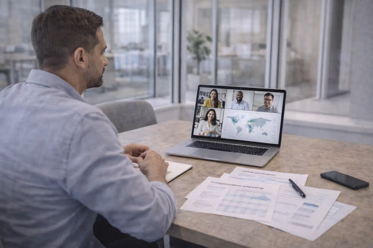 HR team coordinating global workforce strategy in a video meeting