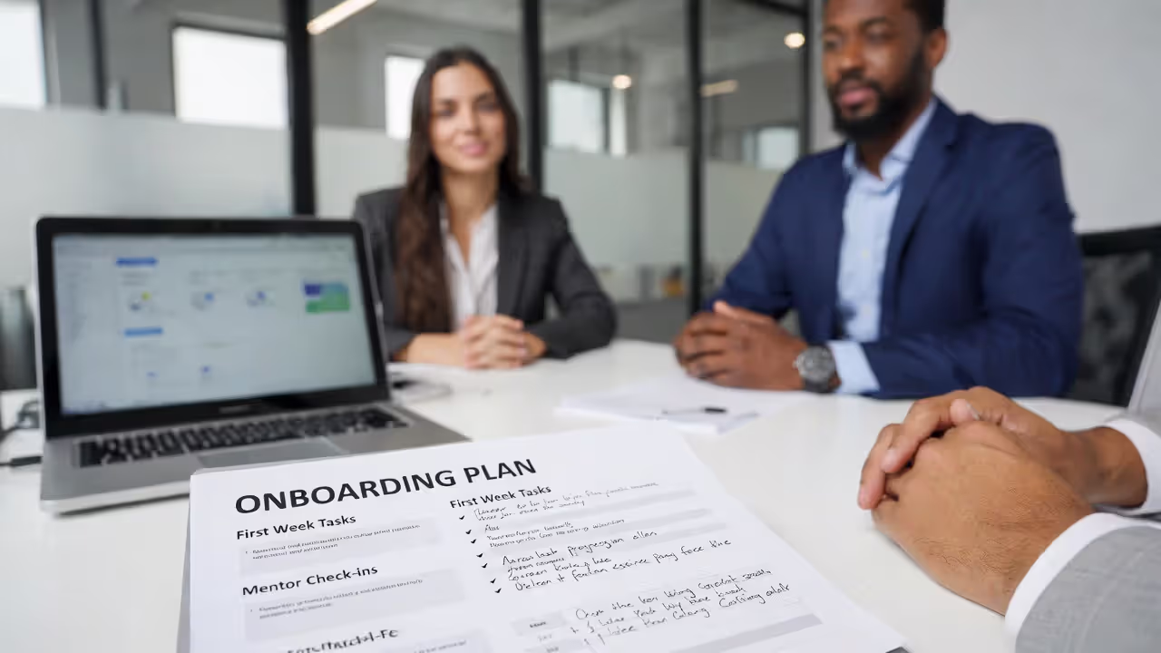 HR manager discussing onboarding and career development with a new employee