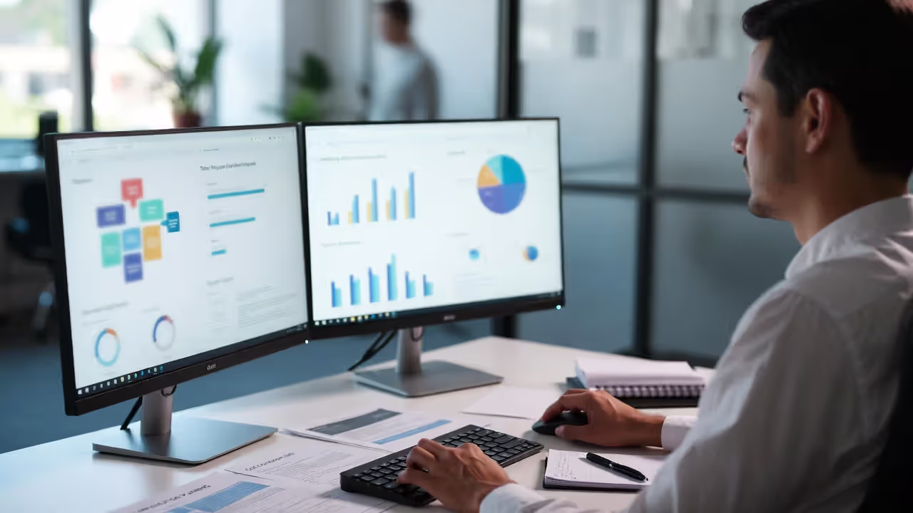 HR specialist reviewing talent management dashboards and employee data