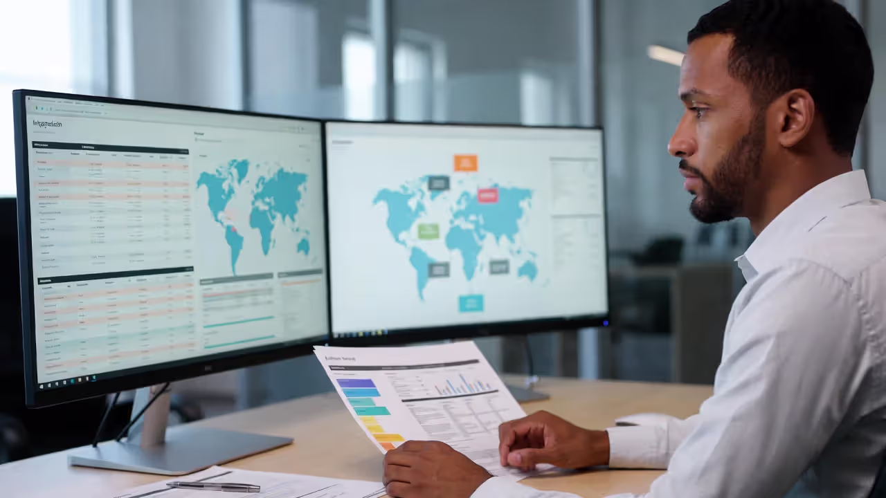 HR analyst reviewing system usage data and an HR technology audit