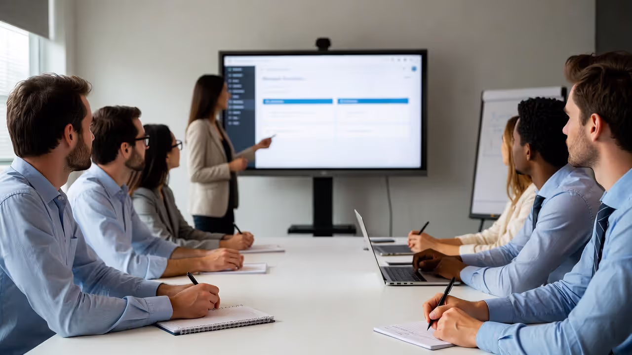 HR trainer introducing employees to a new digital HR system during rollout