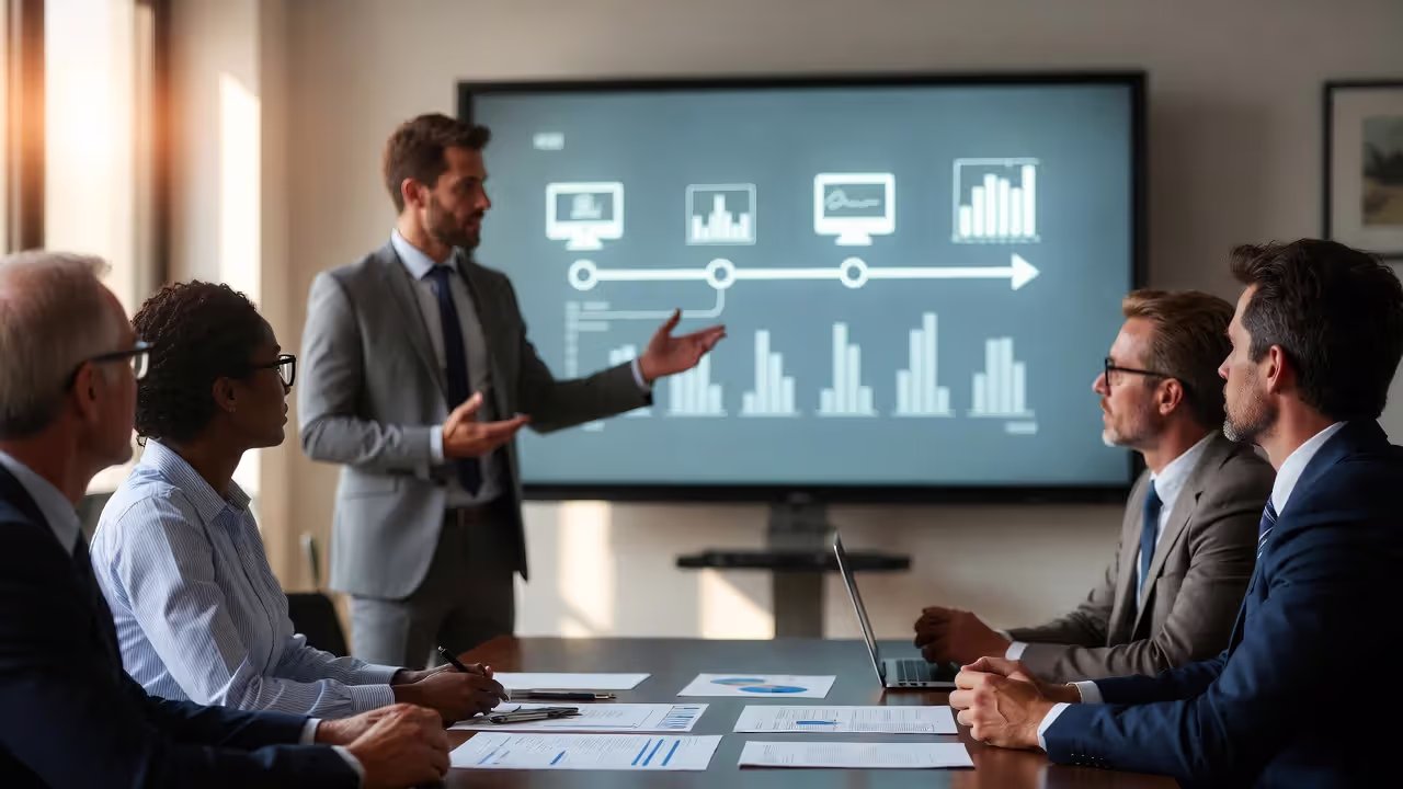 HR leader presenting an HR technology roadmap to executives