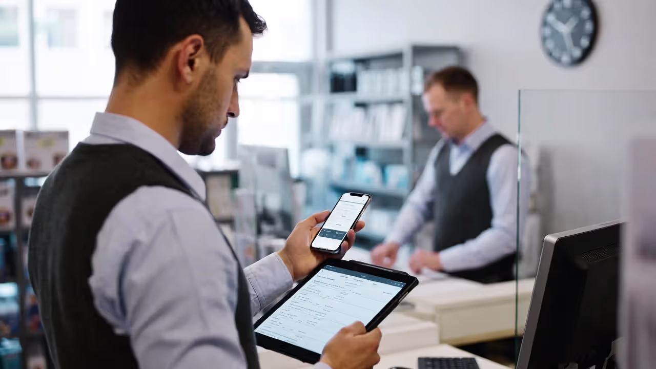 Shift manager and employee checking a digital work schedule on a tablet and phone