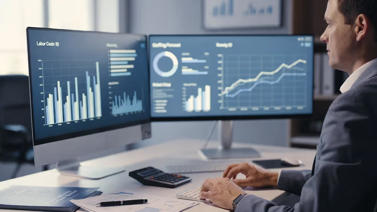 HR analyst reviewing labor cost, attendance trends, and workforce forecast reports