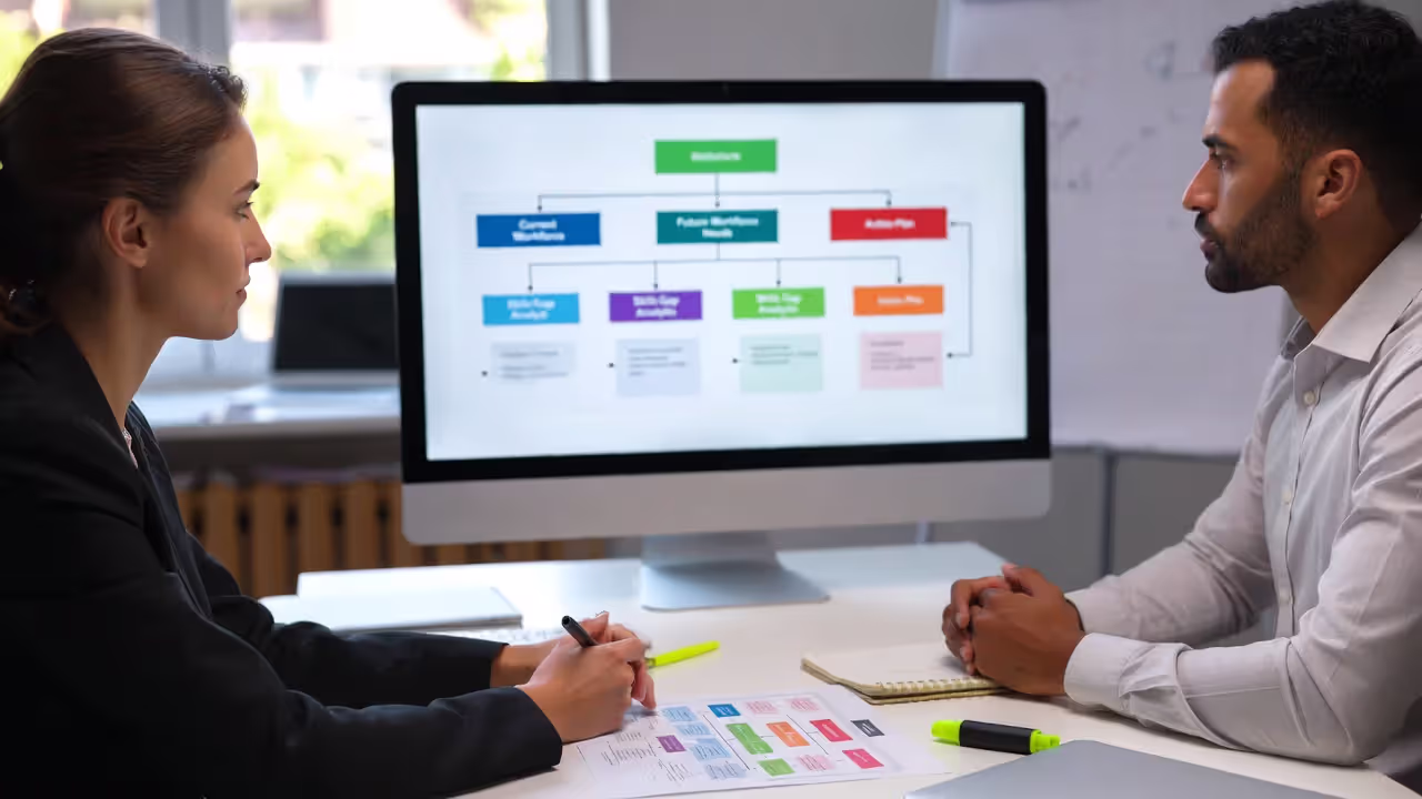 HR analyst and department leader reviewing a workforce planning process map and talent gap analysis