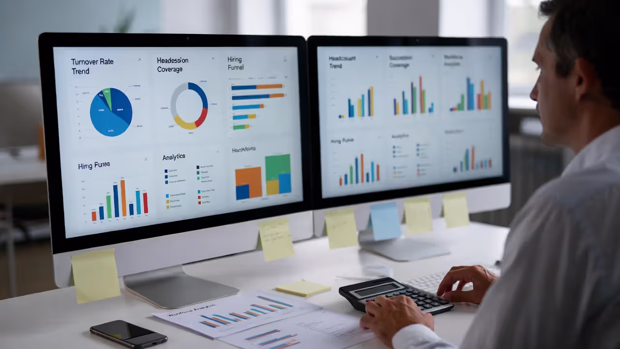 HR data analyst reviewing turnover, headcount, and workforce analytics dashboards